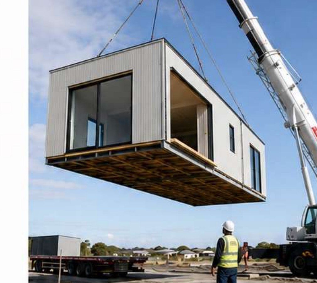 Modular home module lifted by crane at delivery